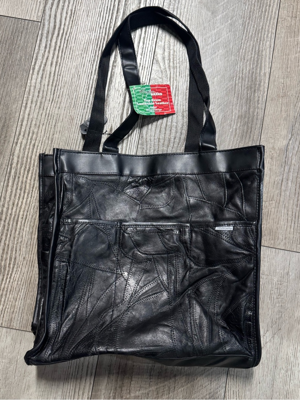 Maxam Brand Italian Mosaic Design Genuine Leather Tote Bag lambskin black